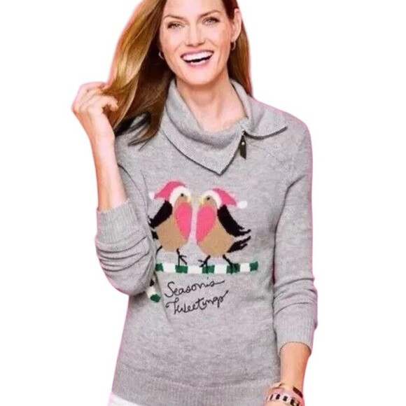 Talbots Women Sweater Medium Soft Gray "Seasons Tweetings" Birds Long Sleeve - Picture 5 of 8